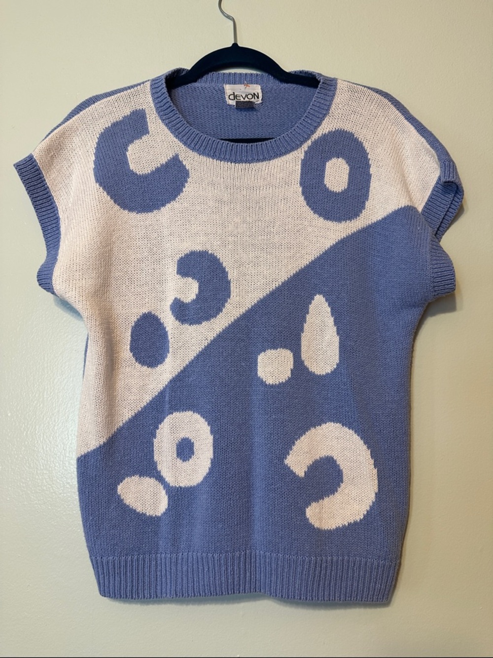Vintage Devon Blue and Cream Short-Sleeve Graphic Crewneck Sweater